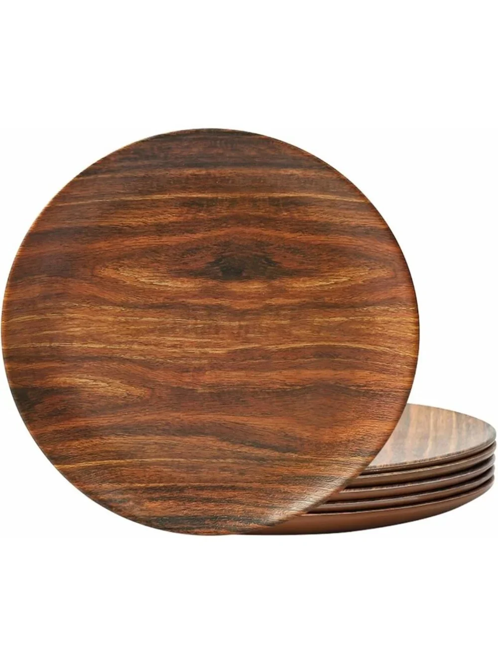8.5” Melamine Round Dinner Plates Set of 6 - Stylish Rosewood Grain Design